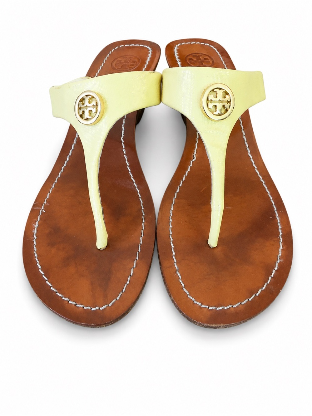 Tory Burch Pale Yellow Leather Thong Sandals with Gold Logo